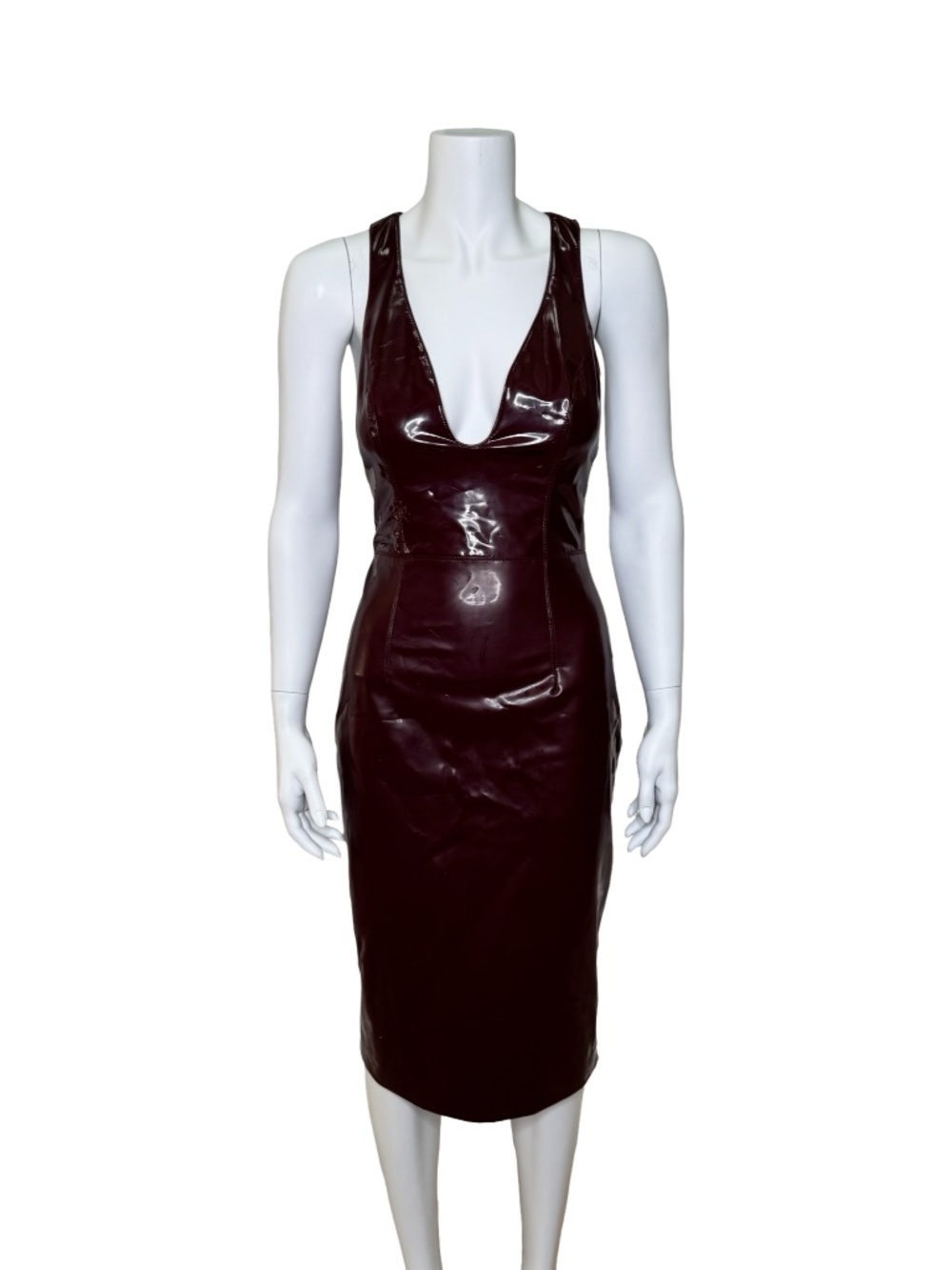 NWT House of CB Burgundy Patent Effect Plunge Bodycon Midi Dress Size S - Picture 2 of 9